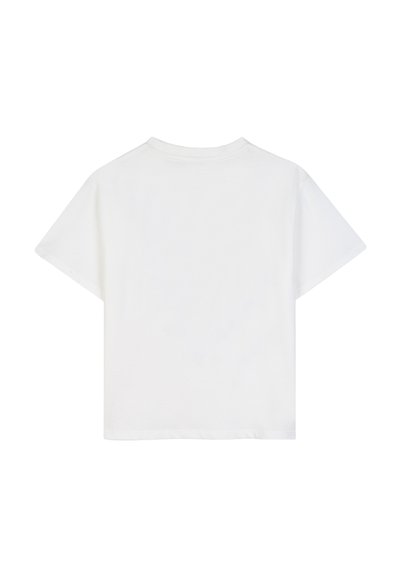 Effen wit T-shirt met korte mouwen en een ronde hals, gezien van achteren op een witte achtergrond.