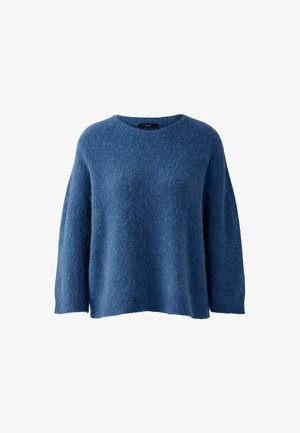 Blue knitted sweater made of soft, fuzzy material. Features a crew neck, long sleeves, and a relaxed fit. No visible patterns or hardware.