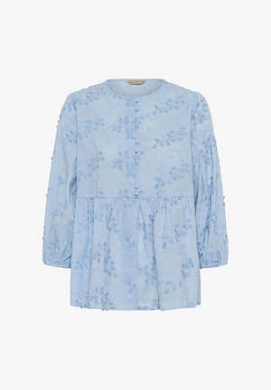 Bluza cu mâneci lungi de culoare bleu deschis, broderie florală, decolteu rotund, nasturi acoperiți cu material și talie și mâneci adunate.