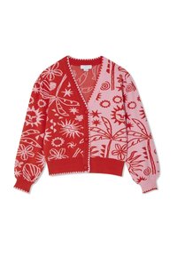 Cardigan rouge et rose boutonné avec des motifs de soleil, d'étoile, de fleur et de feuille, présentant un col en V ainsi que des poignets et un ourlet côtelés.