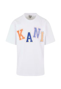 White cotton t-shirt featuring large, multicolored block letters spelling "KANI" in orange, yellow, blue, and purple. Short sleeves.