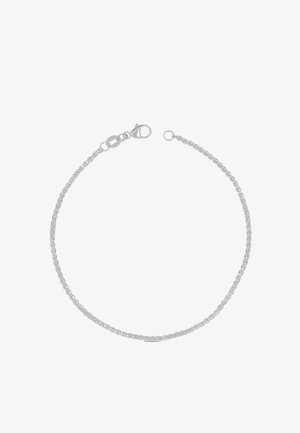 Bracciale a catena in argento dal design semplice, caratterizzato da anelli intrecciati, chiusura a moschettone e superficie liscia.