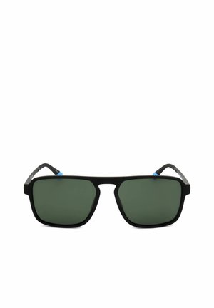 Occhiali da sole rettangolari neri con lenti verde scuro e dettagli blu sulle estremità nere delle aste, mostrati frontalmente su sfondo bianco.