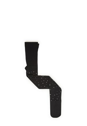 Czarne rajstopy o gładkiej teksturze, z wzorem małych białych kropek rozsianych na jednej nodze. Dostępne w wielu rozmiarach.