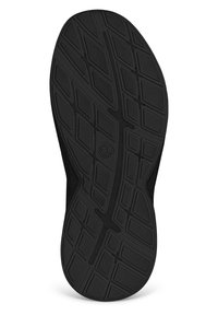 Schwarze Gummisohle mit einem strukturierten, geometrischen Muster und tiefem Profil für Grip. Glatte Flächen heben sich von erhöhten Mustern ab.