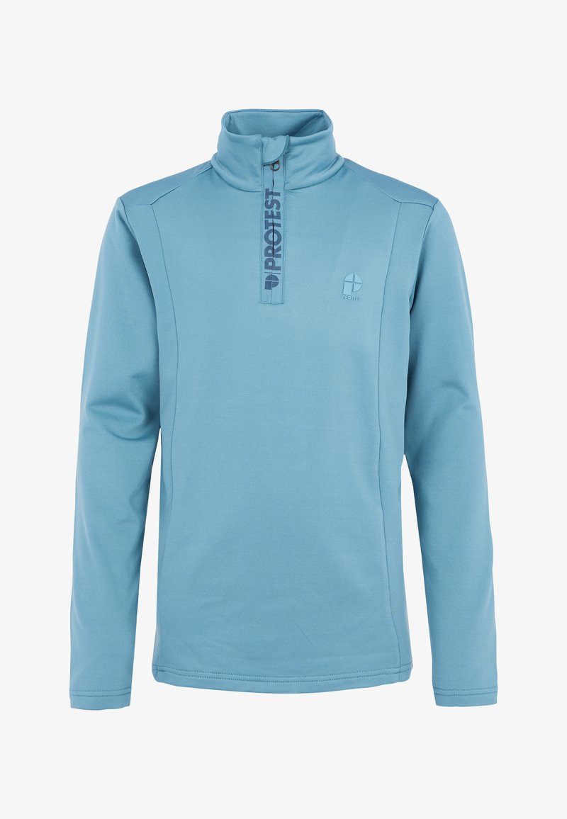 Světle modrý, dlouhý fleecový pulovr s vysokým límcem, polovičním zipem a potiskem loga podél oblasti zipu. Hladká textura.