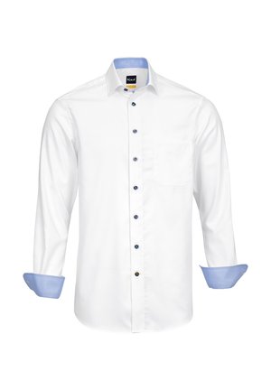 Weißes Langarmhemd mit blauen Knöpfen, hellblauen Manschetten und einer einzelnen Brusttasche. Hergestellt aus einem glatten Stoff mit tailliertem Schnitt.