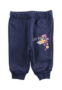 Pantalon de survêtement bleu marine avec une taille élastique, des poignets côtelés et un imprimé floral coloré comprenant le texte "LEE COOPER". Texture de tissu douce.