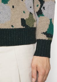Strickpullover mit einem mehrfarbigen Muster in Beigetönen, Grün und Blau; verfügt über einen gerippten dunkelgrünen Saum und Bündchen.