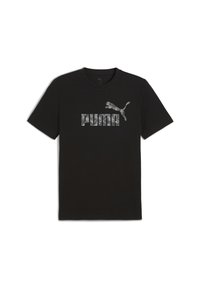 Sort kortærmet t-shirt med grå digital camouflage Puma-logo og tekst centreret på brystet mod en hvid baggrund.