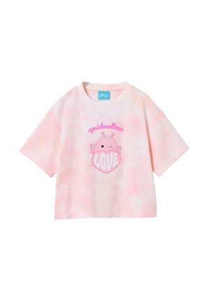Pinkes Batik-T-Shirt mit kurzen Ärmeln, darauf ein zwinkernder Käfer, der ein Herz hält, auf dem "LOVE" steht, und darüber das Wort "squishmallows".