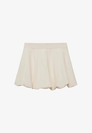 Cream-colored skirt with a soft, smooth texture, flared design, and a scalloped hem. Features a wide, elastic waistband for comfort.