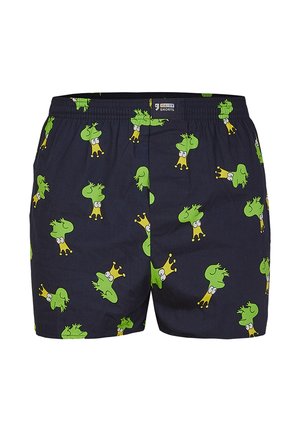 Mannen zwemshorts in donker marineblauwe stof, met een herhaald patroon van groene kikkers met kroon. Elastische tailleband met een relaxte pasvorm.