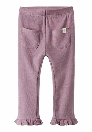 Lila ribbelstof leggings met rimpelige zoom, voorzien van twee opgestikte zakken op de achterkant en een elastische tailleband voor comfort.