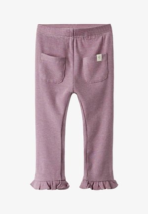 Leggings in tessuto lilla a costine con orli arruffati, dotati di due tasche applicate sul retro e una vita elasticizzata per il massimo comfort.