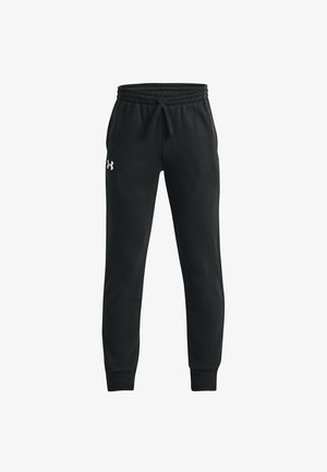 Schwarze Jogginghose aus weichem Material, mit einem elastischen Bund und einem Kordelzug sowie gerippten Bündchen. Kleines weißes Logo an der Seite.