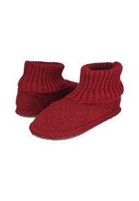 Rote Wollslipper mit gestricktem Bund, gerundetem Zehenbereich und rutschfester Sohle. Strukturiertes Obermaterial und gerippter Kragen für zusätzlichen Komfort und Wärme.