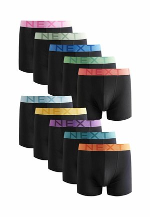 Black cotton boxer shorts with colored elastic waistbands displaying "NEXT" in contrasting text. Available in multiple colors.