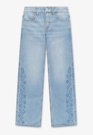 Lyseblå denimjeans med lige ben og blomstret broderi langs ydersiden af begge bukseben.