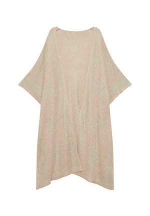 Kimono ligero, de apertura frontal, con mangas anchas. Tejido con material suave en un tono rosa pálido con sutiles acentos en verde y un corte relajado.