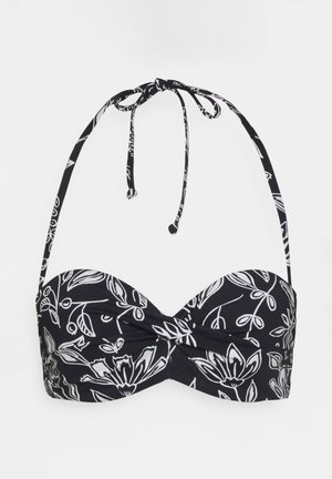 Schwarzer Bikini-Oberteil mit weißem Blumenmuster, strukturierten Cups, verstellbaren Nackenbändern und gerafften Details in der Mitte. Glatte Stofftextur.