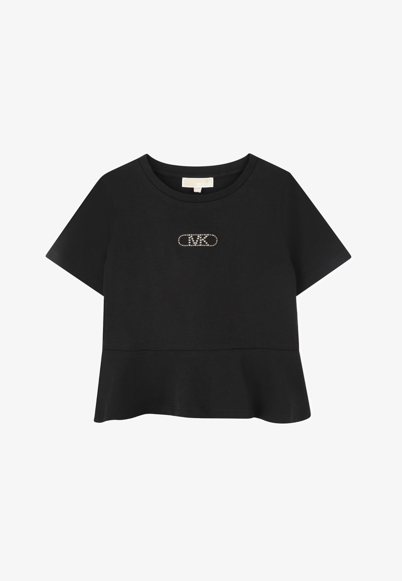 T-shirt nera a maniche corte con orlo a volant e decorazione centrale caratterizzata da un logo metallico in strass. Tessuto dalla texture liscia.