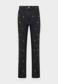 Μαύρο τζιν με ίσια γραμμή και μικρά ασημένια κεντημένα σχέδια μελισσών κατανεμημένα ομοιόμορφα στο μπροστινό μέρος.