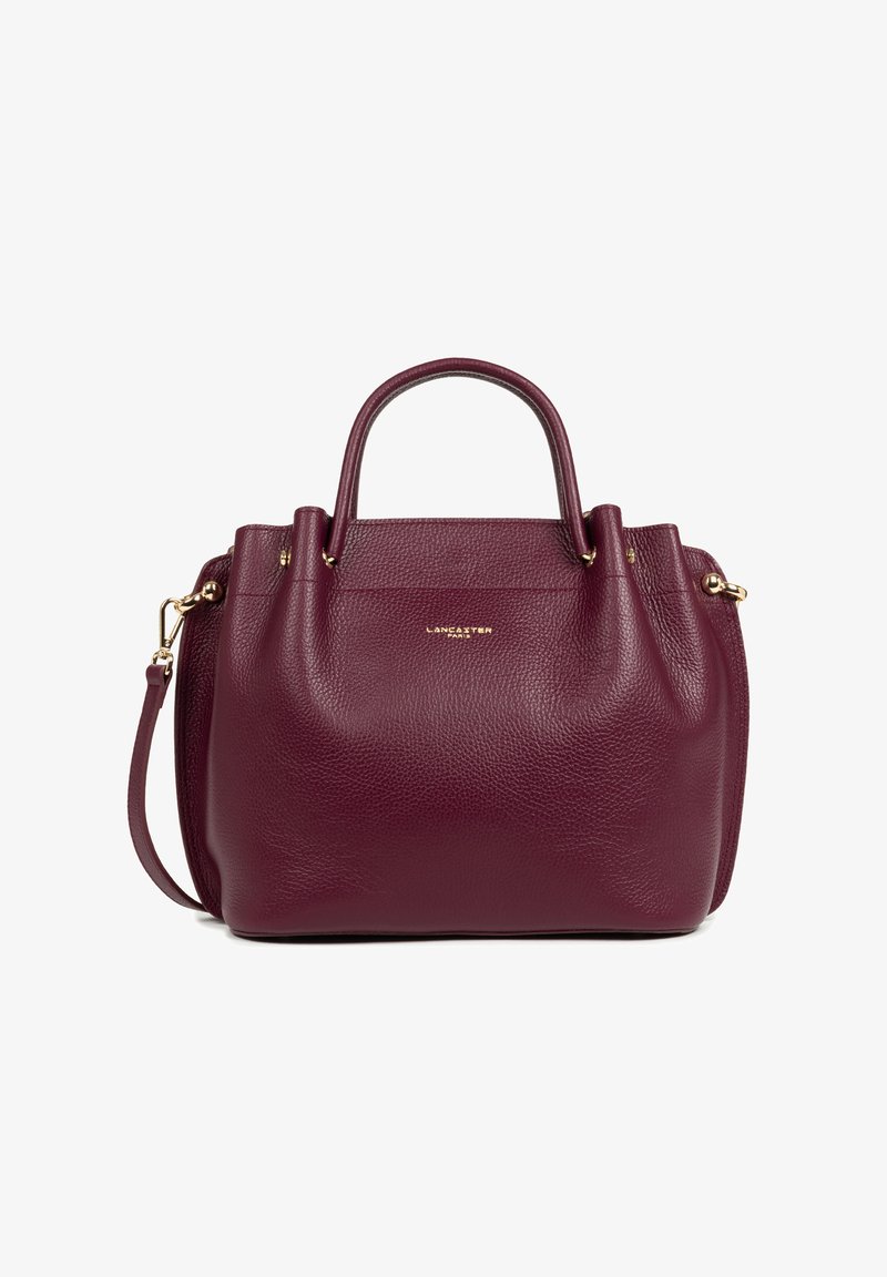 Borsa in pelle bordeaux con doppi manici superiori, hardware dorato e forma strutturata. Presenta una tracolla rimovibile e una finitura texture.
