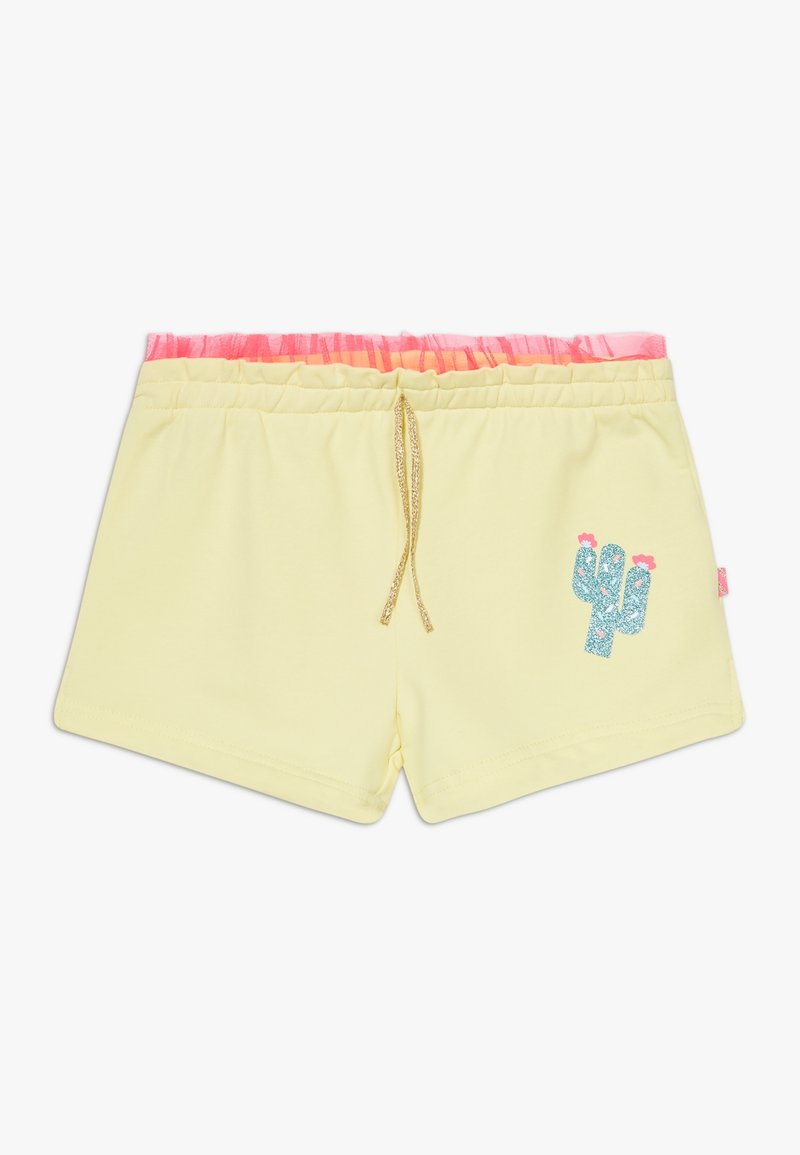 Gule shorts til småbørn med elastisk pink taljebånd, gyldent snøre, og grafisk prikende blå kaktus med pink blomster på højre ben.