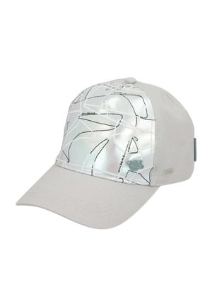 Cappellino da baseball grigio chiaro con pannello frontale iridescente con arte astratta a linee nere e un piccolo logo metallico sul lato.