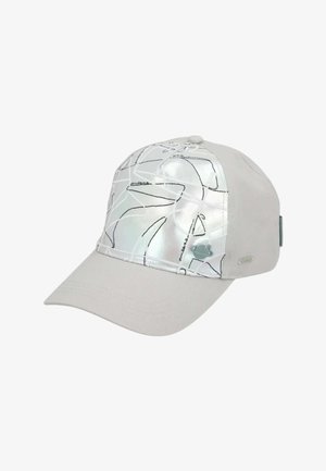 Cappellino da baseball grigio chiaro con pannello frontale iridescente con arte astratta a linee nere e un piccolo logo metallico sul lato.