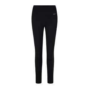 Black athletic leggings with a high waistband, smooth fabric, and side pockets. Feature a subtle logo at the waist for added detail.