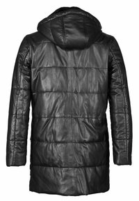 Cappotto in pelle nera con design trapuntato, dotato di cappuccio, maniche lunghe e texture liscia. La vista posteriore mostra cuciture verticali.