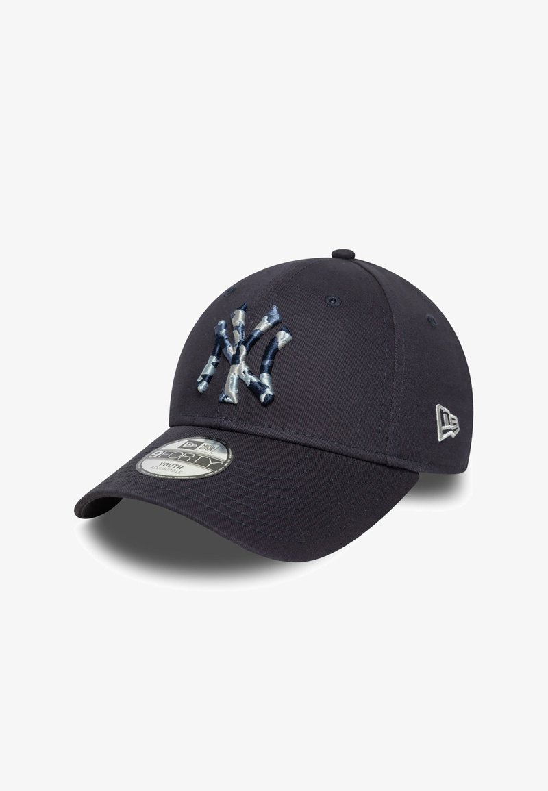 Navy blue cap with a curved brim, featuring an embroidered NY logo in blue and gray tones. Made of textured fabric with eyelets for ventilation.