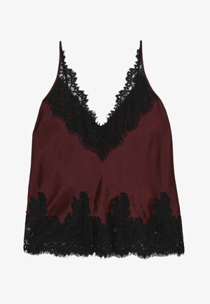 Burgundowa satynowa bluzka na ramiączkach z czarną koronką, z głębokim dekoltem w kształcie V i falbaniastym wykończeniem z koronką. Gładka faktura materiału.