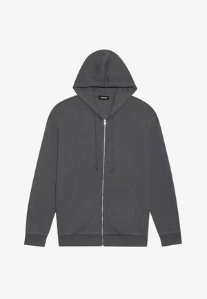 Grauem Zip-Hoodie aus weichem Material, mit Kängurutasche, verstellbarem Kordelzug an der Kapuze und gerippten Bündchen.