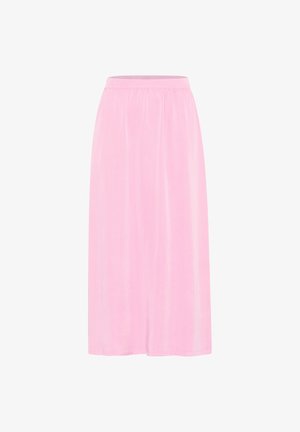 Roze, middellange rok gemaakt van zachte stof met een elastische tailleband. Heeft een gladde textuur en geen zichtbare patronen of accenten.