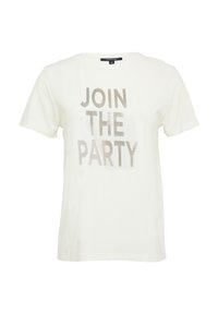 Witte katoenen t-shirt met korte mouwen, met de tekst "JOIN THE PARTY" in metallic zilveren letters met een diagonaal patroon.