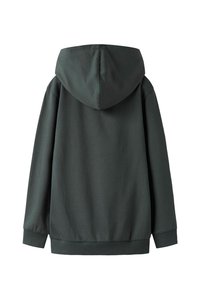 Tumši zaļa kapuce ar garām piedurknēm, ribota aproce un apakšmala. Gluda kokvilnas maisījuma tekstūra, vienkāršs dizains, redzami logotipi nav.