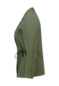 Olijfgroene blazer, lichtgewicht stof, op maat gemaakte pasvorm, met een tailleband, scherpe revers en lange mouwen voor een gestructureerde uitstraling.