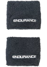 Schwarze Handgelenkbänder aus Frottee mit strukturierter Oberfläche. Aufgesticktes Wort "ENDURANCE" in Weiß. Rechteckige Form. Weiches Material.