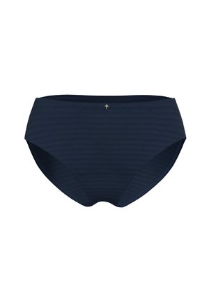 Slip da donna blu navy con sottili righe orizzontali e un piccolo charm decorativo metallico al centro della fascia della vita.