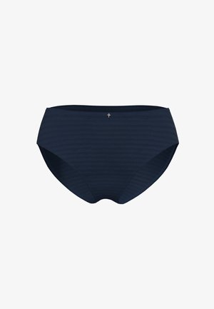 Slip da donna blu navy con sottili righe orizzontali e un piccolo charm decorativo metallico al centro della fascia della vita.