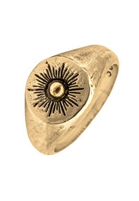 Anello sigillo d'oro con un motivo a raggio di sole inciso sulla faccia ovale, che mostra raggi dettagliati che si estendono da un cerchio centrale.