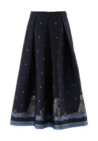 Marineblauer Rock mit goldenen Punkten, plissiertes Design, mit illustrierten Hunden am Saum und blauen Akzenten entlang des Randes. Glatte Stoffoberfläche.