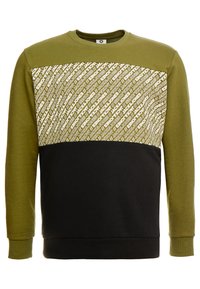 Felpa verde oliva e nera con un design testurizzato, caratterizzata da testo stampato bianco nella parte superiore e maniche lunghe.