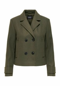 Veste croisée vert olive en mélange de laine avec revers à encoche, quatre boutons noirs, poches à rabat et détails aux poignets.