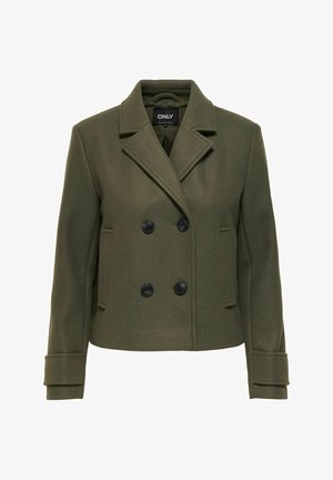 Olivno zelena dvoredna jakna iz volneno-mešanega materiala z izrezanimi ovratniki, štirimi črnimi gumbi, žepi z zaponkami in detajli na manšetah.