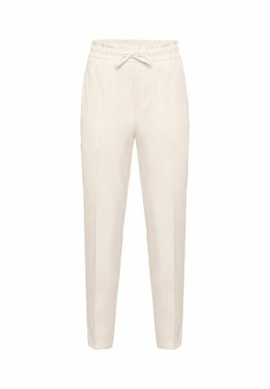 Pantalon beige sur mesure avec une taille élastique et un cordon de serrage. Comprend deux poches latérales et une texture de tissu lisse et légère.