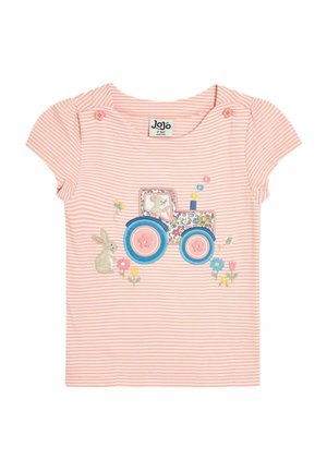 Pink striped short-sleeve shirt featuring a colorful tractor and rabbit embroidery with flowers. Material appears soft and lightweight.